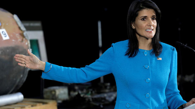 U.S. Ambassador to the United Nations Nikki Haley briefs the media on highlights of the UN's 2231 Implementation Report in Washington 