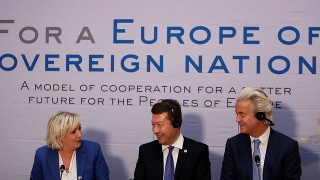 Marine Le Pen, head of France's far-right National Front party, Tomio Okamura, leader of Czech far-right Freedom and Direct Democracy party, and Dutch far-right politician Geert Wilders of the PVV party attend a news conference in Prague 