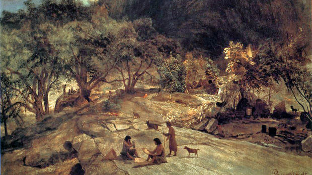 Miwok Indian Camp in the Sierra. Painting by Albert Bierstadt 