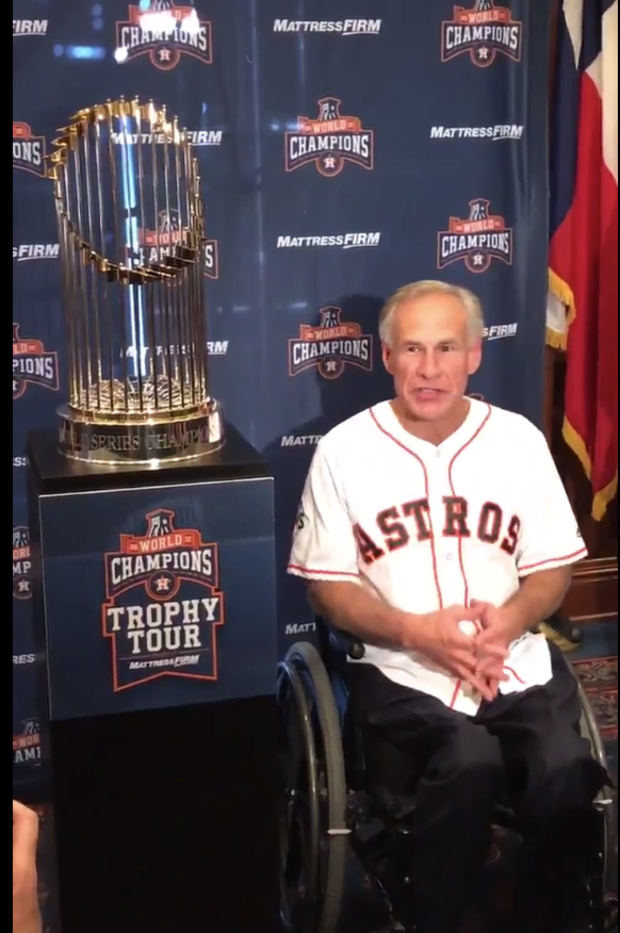 Gov. Abbott with Astros World Series trophy 