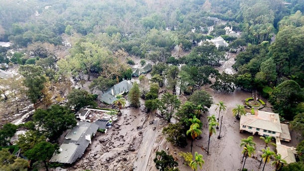 Mudflow and damage from mudslides are pictured in this aerial photo taken from a Santa Barbara County Air Support Unit Fire Copter over Montecito