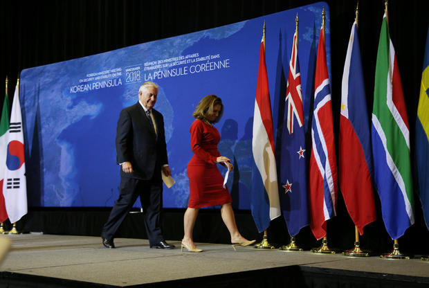 U.S. Secretary of State Rex Tillerson and Canada’s Foreign Minister Chrystia Freeland walk off stage after their news conference during the Foreign Ministers’ Meeting on Security and Stability on the Korean Peninsula in Vancouver, British Columbia 