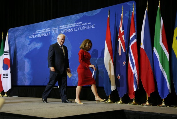 U.S. Secretary of State Rex Tillerson and Canada’s Foreign Minister Chrystia Freeland walk off stage after their news conference during the Foreign Ministers’ Meeting on Security and Stability on the Korean Peninsula in Vancouver, British Columbia