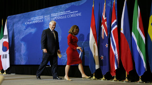 U.S. Secretary of State Rex Tillerson and Canada’s Foreign Minister Chrystia Freeland walk off stage after their news conference during the Foreign Ministers’ Meeting on Security and Stability on the Korean Peninsula in Vancouver, British Columbia 