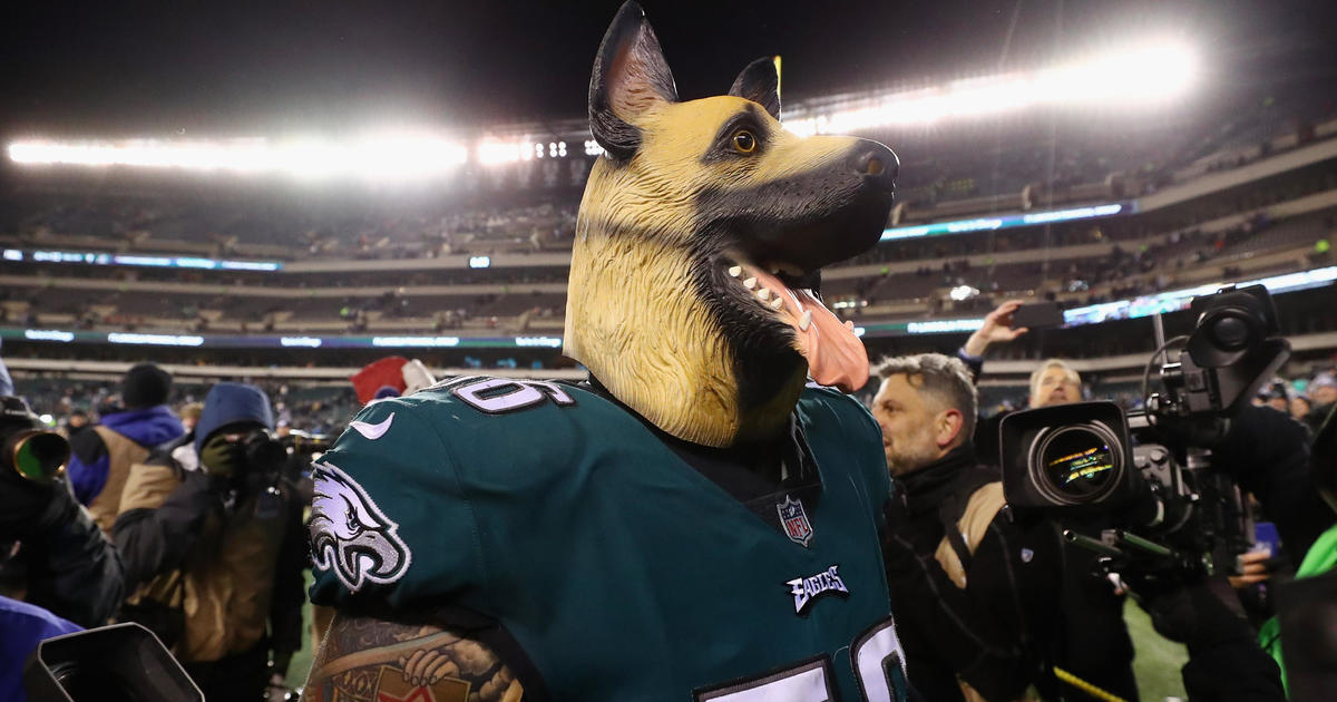 A Philadelphia Eagles' fan wears a dog mask during a practice at