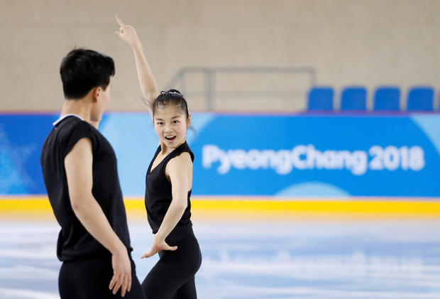 North Korea's figure skaters Ryom Tae Ok and Kim Ju Sik take part in a training session at the Gangneung Ice Arena in Gangneung 