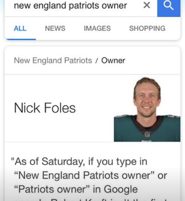 Google Glitch names Nick Foles Owner of New England Patriots 