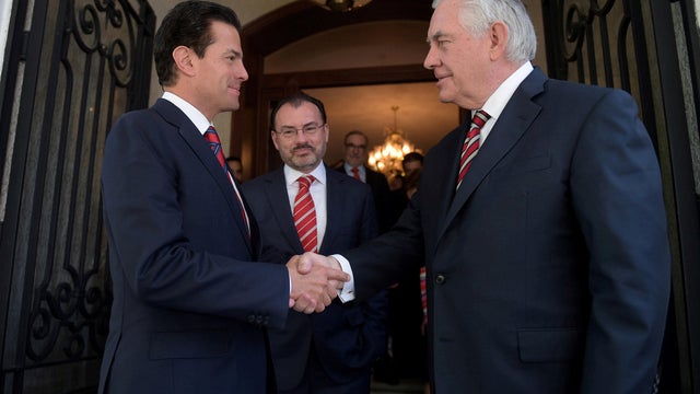 Mexico's President Pena Nieto shakes hands with U.S. Secretary of State Tillerson at Los Pinos presidential residence in Mexico City 