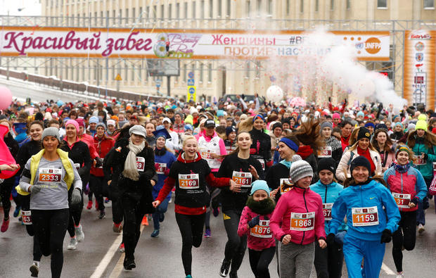 Women participate in the "Beauty Run" to mark International Women's Day in Minsk 