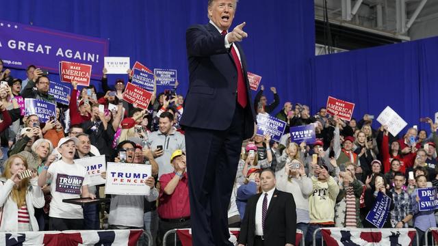 U.S. President Donald Trump points at supporters after speaking in support of Republican congressional candidate Rick Sacconne during a Make America Great Again rally in Moon Township 
