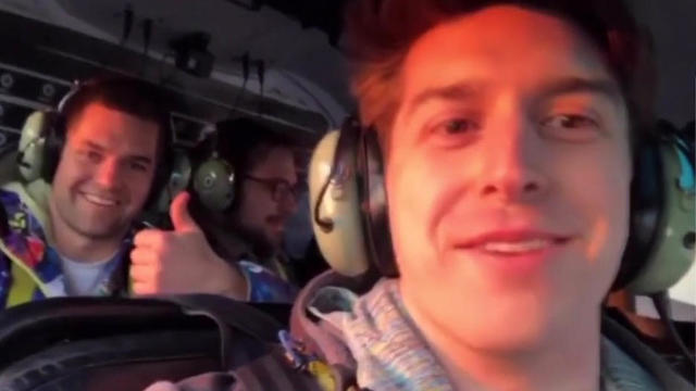 Brian McDaniel, left, and Trevor Cadigan are seen in a helicopter over New York City in this image capture from a video posted to Instagram before the helicopter crashed in the East River on March 11, 2018. 