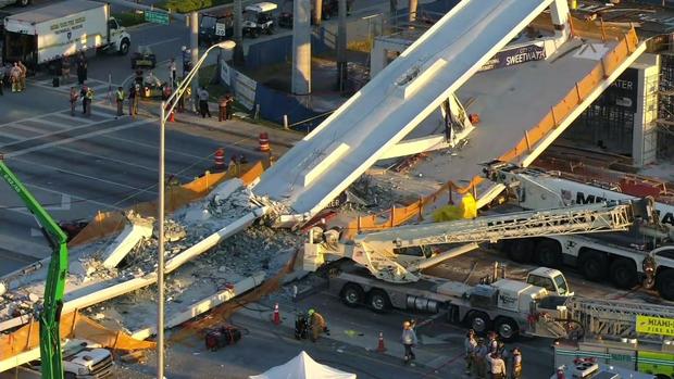 Drone view of collapsed Miami bridge 