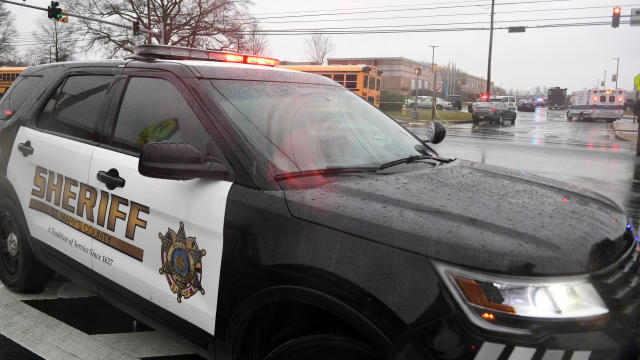 A St. Mary's County Sheriff's Office car is seen on March 20, 2018, at Great Mills High School in Great Mills, Maryland, after a shooting at the school. 