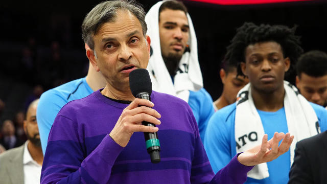 Sacramento Kings majority owner Vivek Ranadive addresses fans after a game at Golden 1 Center in Sacramento, California, on March 22, 2018. 