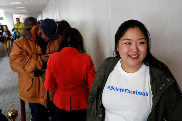Annamarie Rienzi waits in line to see Facebook CEO Mark Zuckerberg testify before the Senate Judiciary and Commerce Committees in the Hart Senate Office Building in Washington 