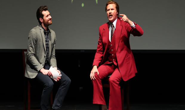 Billy Eichner and Ron Burgundy (Will Ferrell) appear onstage at Glam Up The Midterms at Oceanside High School Performing Arts Center to encourage and energize young people to vote, on April 12, 2018, in Oceanside, California. 