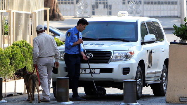 The United Nation vehicles carrying the Organisation for the Prohibition of Chemical Weapons (OPCW) invspectors arrive in Damascus 