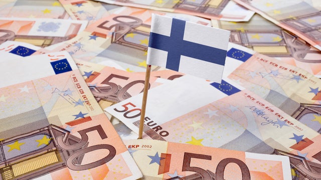 Flag of Finland sticking in 50 Euro banknotes.(series) 
