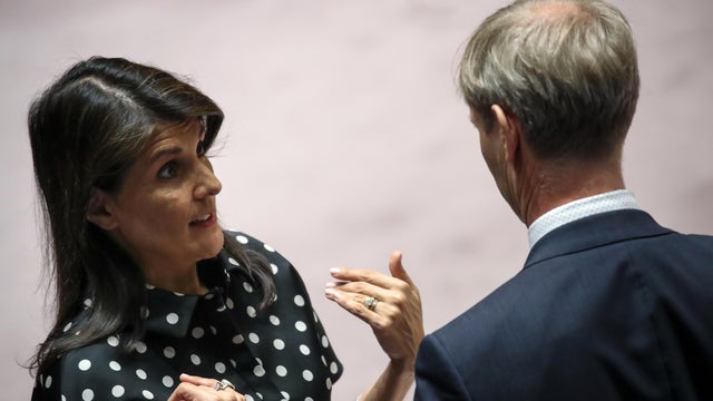 U.S. Ambassador to the United Nations Nikki Haley talks with Swedish Ambassador to the United Nations Olof Skoog during a U.N. Security Council meeting concerning the situation in the Middle East, at U.N. headquarters, April 26, 2018, in New York. 