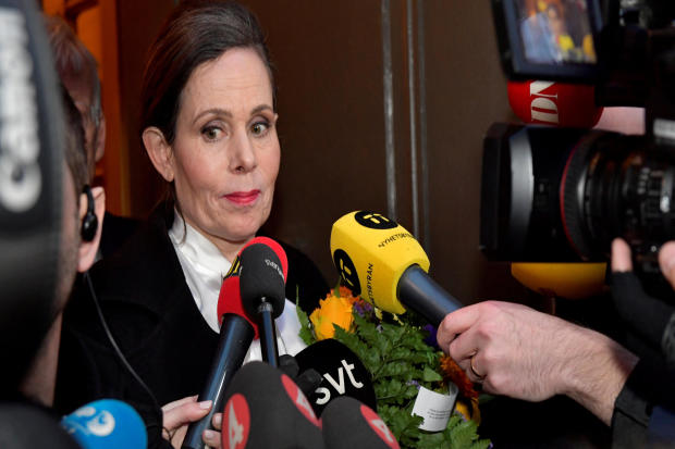 Sara Danius, then the Swedish Academy's permanent secretary, talks to the media as she leaves after a meeting at the Swedish Academy in Stockholm, Sweden, April 12, 2018. 