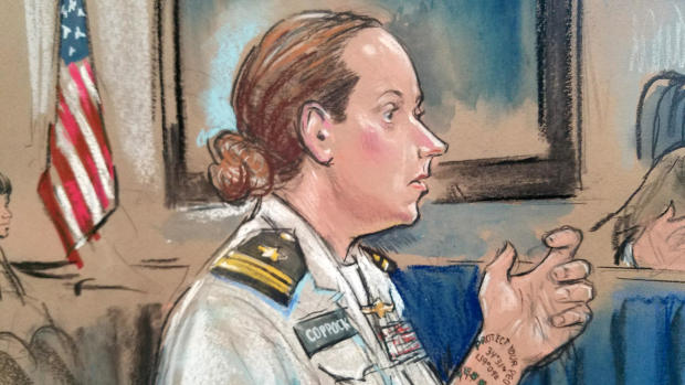 Lt. j.g. Sarah Coppock is seen in a sketch during her court-martial at the Washington Navy Yard on May 8, 2018. 