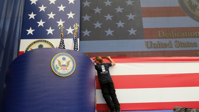 A worker is seen during preparations for the dedication ceremony, inside the new U.S. Embassy compound in Jerusalem, May 14, 2018. 
