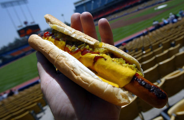 Dodger Dog with ketchup, mustard, and relish. 
