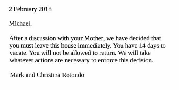 Parents Mark Christina Rotondo Evict Son Letter1 