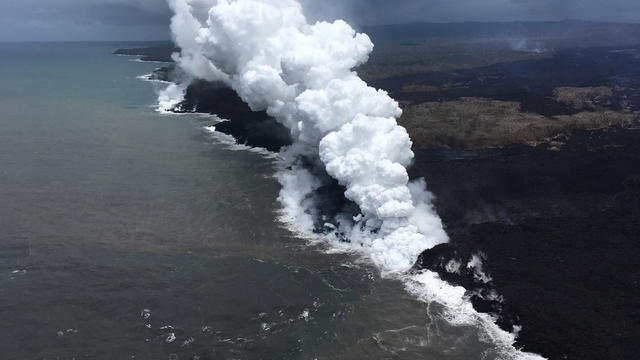 Aerial view looking west of the two active ocean entries at Kilauea Volcano's lower East Rift Zone in Hawaii 