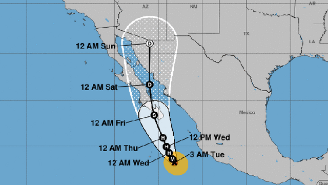 A graphic from the National Weather Service shows Hurricane Bud's projected path as of 5 a.m. ET on June 12, 2018. Times displayed are MT.