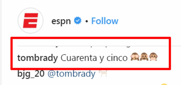 Tom Brady Instagram comment 