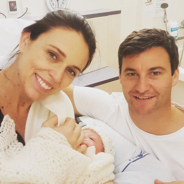 New Zealand Prime Minister Jacinda Ardern is seen with her baby daughter and partner Clarke Gayford at Auckland City Hospital 
