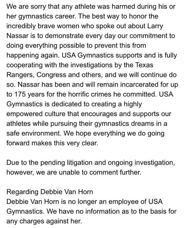 USA Gymnastics statement on new Nassar charges 