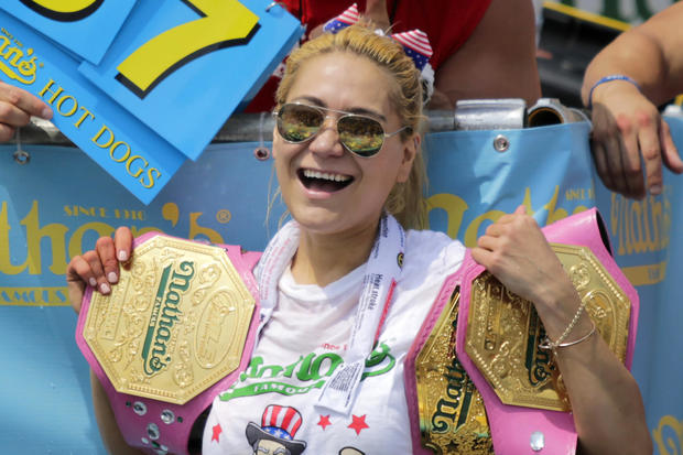 Miki Sudo celebrates after winning the women's annual Nathan's Famous hot dog eating contest on July 4, 2018, in the Coney Island neighborhood of the Brooklyn borough of New York City. 