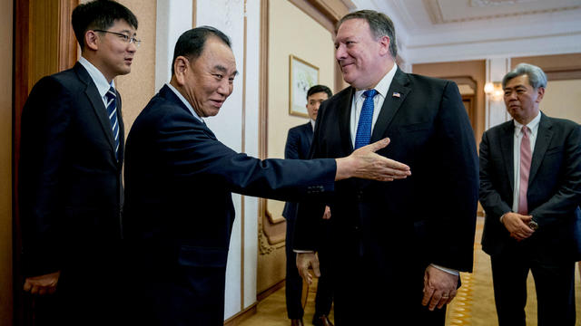 U.S. Secretary of State Mike Pompeo accompanied by North Korean Director of the United Front Department Kim Yong Chol arrives at the Park Hwa Guest House in Pyongyang 