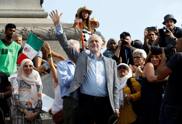 Britain's Labour Party leader Jeremy Corbyn joins other demonstrators at an anti-Trump protest in central London, Britain, July 13, 2018. 