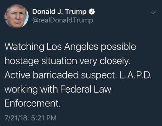 Screenshot of Donald Trump's tweet about Silver Lake Trader Joe's active shooter situation. The tweet was subsequently deleted. 