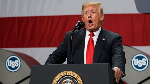 U.S. President Trump speaks about trade at the Granite City Works steel coil warehouse in Granite City, Illinois 
