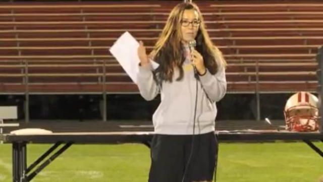 Mollie Tibbetts speaks during a faith event at her high school in October 2016 in this image capture from a video posted to Facebook on Aug. 1, 2018. 