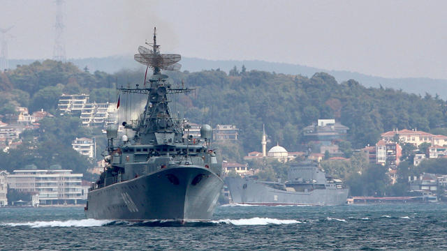 The Russian Navy's frigate Pytlivy, followed by landing ship Nikolai Filchenkov, sails in the Bosphorus, on its way to the Mediterranean Sea, in Istanbul 