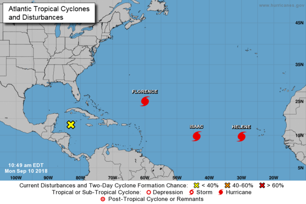 A map made by the National Hurricane Center shows three active storms in the Atlantic Ocean as of 11 a.m. ET on Sept. 10, 2018. 