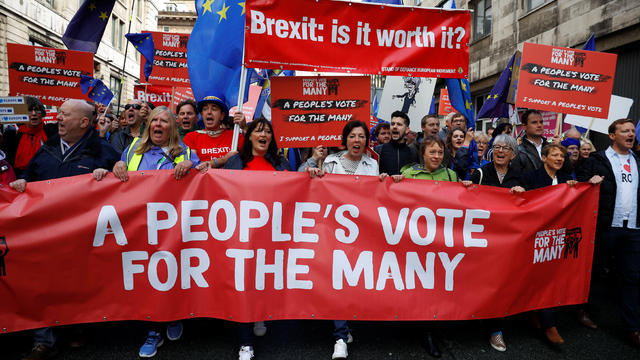 Anti-Brexit supporters demonstrate in the centre of the city, as it hosts the annual Labour Party Conference, in Liverpool 