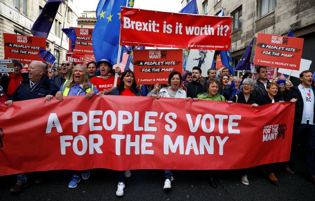 Anti-Brexit supporters demonstrate in the centre of the city, as it hosts the annual Labour Party Conference, in Liverpool 