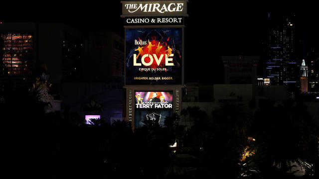 A view of the Las Vegas Strip as many casinos dim their lights in honor of the October 1, 2017 mass shooting victims during the one-year anniversary of the shooting in Las Vegas 