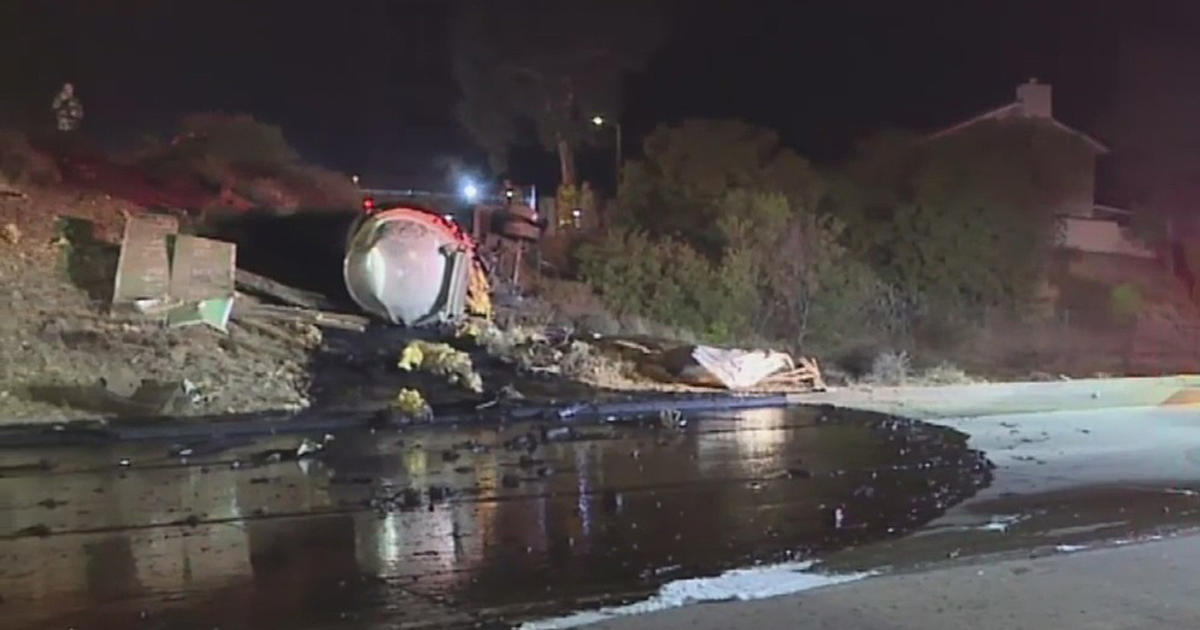 Tanker Truck Crash Spills Tar Across 210 Freeway Lanes - CBS Los Angeles