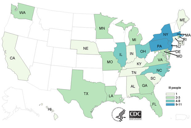 People infected with the outbreak strain of Salmonella Infantis, by state of residence, as of October 15, 2018 (SOURCE: CDC) 