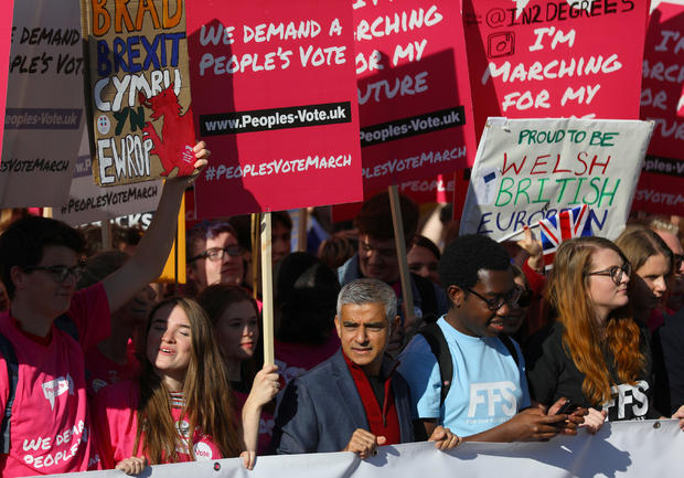 London Mayor, Sadiq Khan, joins protesters in an anti-Brexit demonstration, as they march through central London 