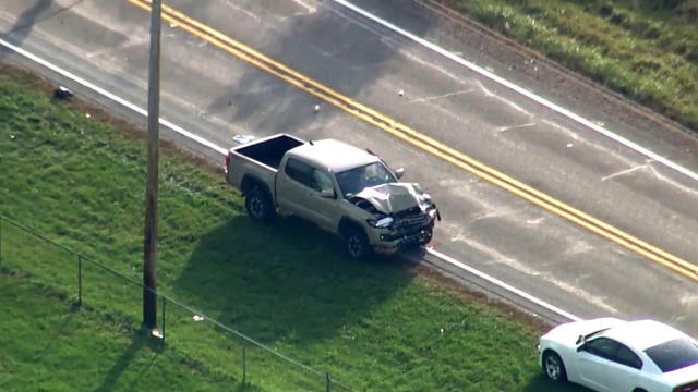 Aerial footage shows a damaged truck after a fatal crash at a school bus stop in Fulton County, Indiana, on Oct. 30, 2018. 