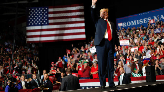 U.S. President Donald Trump acknowledges supporters at a campaign rally at the Show Me Center in Cape Girardeau Missouri 