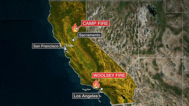 A map shows where two major fires are burning in California. 